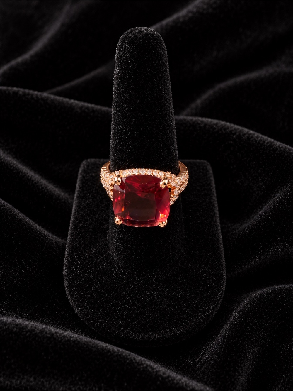 Rose Gold Ring with a Large Red Stone and Tiny Clear Stones Size 6